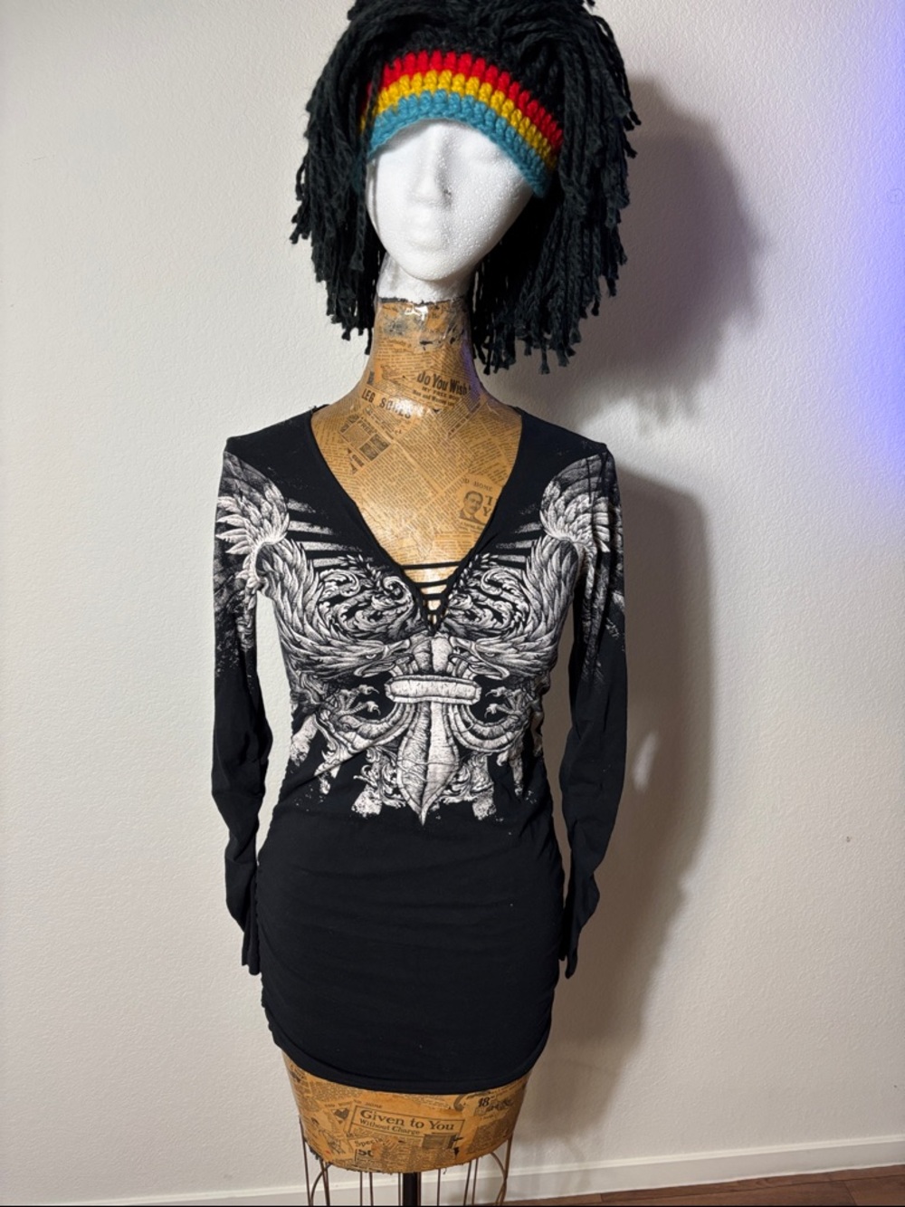 Rebel Saints black long sleeve shirt small angel wings biker goth grunge emo Y2K - Picture 2 of 6